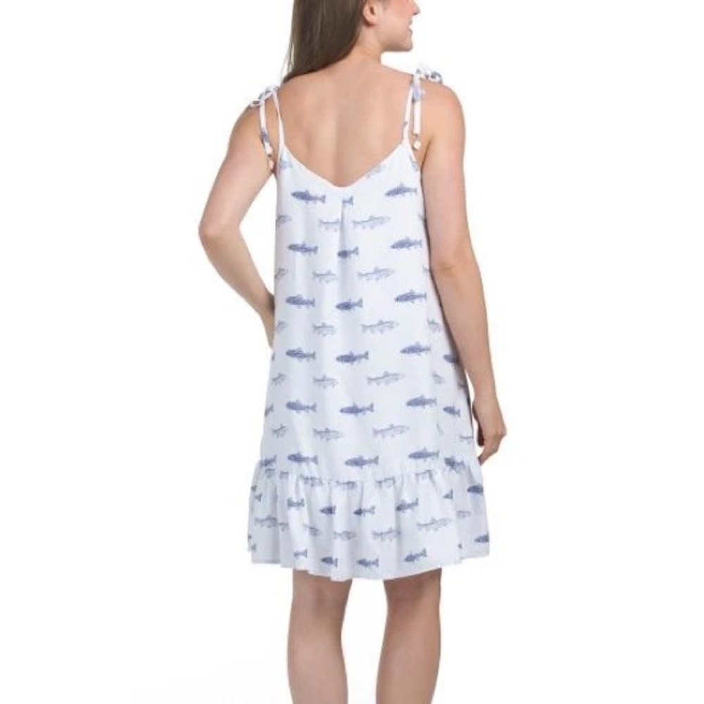 NWOT Cynthia Rowley Linen Blend Tie Strap Blue Fish  Print Flounce Dress XS - Picture 2 of 9